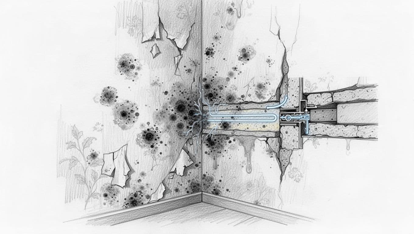 Hand-drawn graphite linework sketch of an old building interior wall with dark mold spots, peeling wallpaper, and moisture stains at a cold corner due to thermal bridge, featuring a cross-section inset of the uninsulated area.