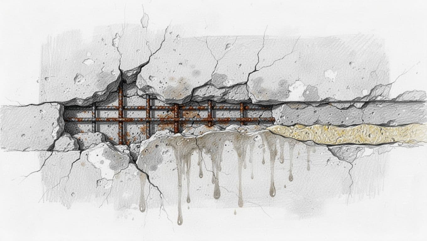 Hand-drawn graphite linework sketch of structural damage in an old building wall from moisture due to thermal bridge, featuring cracks in plaster, exposed corroded metal reinforcement, damp stains, and weakened insulation in cross-section view.