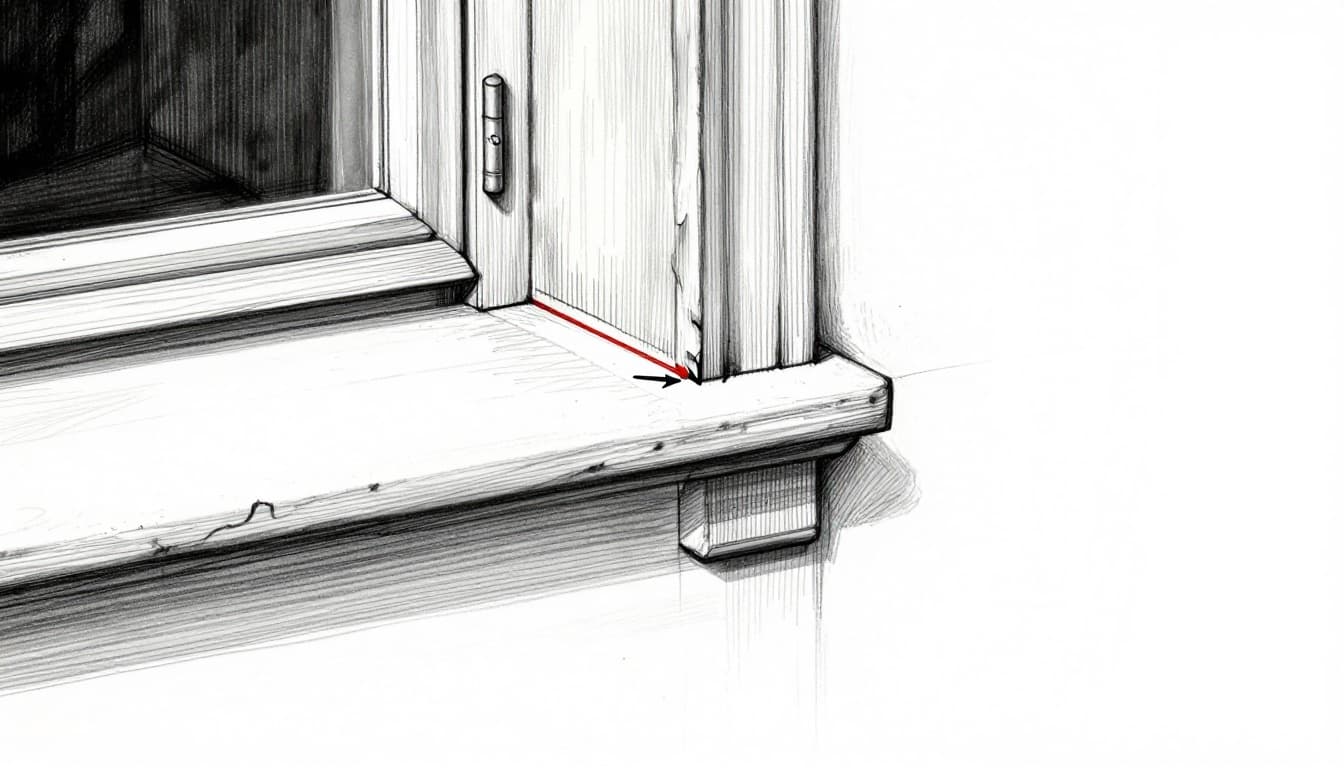 Hand-drawn graphite linework sketch showing a cross-section of an old building wall with window sill and jambs, highlighting the uninsulated thermal bridge at the window frame with arrows indicating heat loss, featuring simple wall structure and light shading on a clean white background.