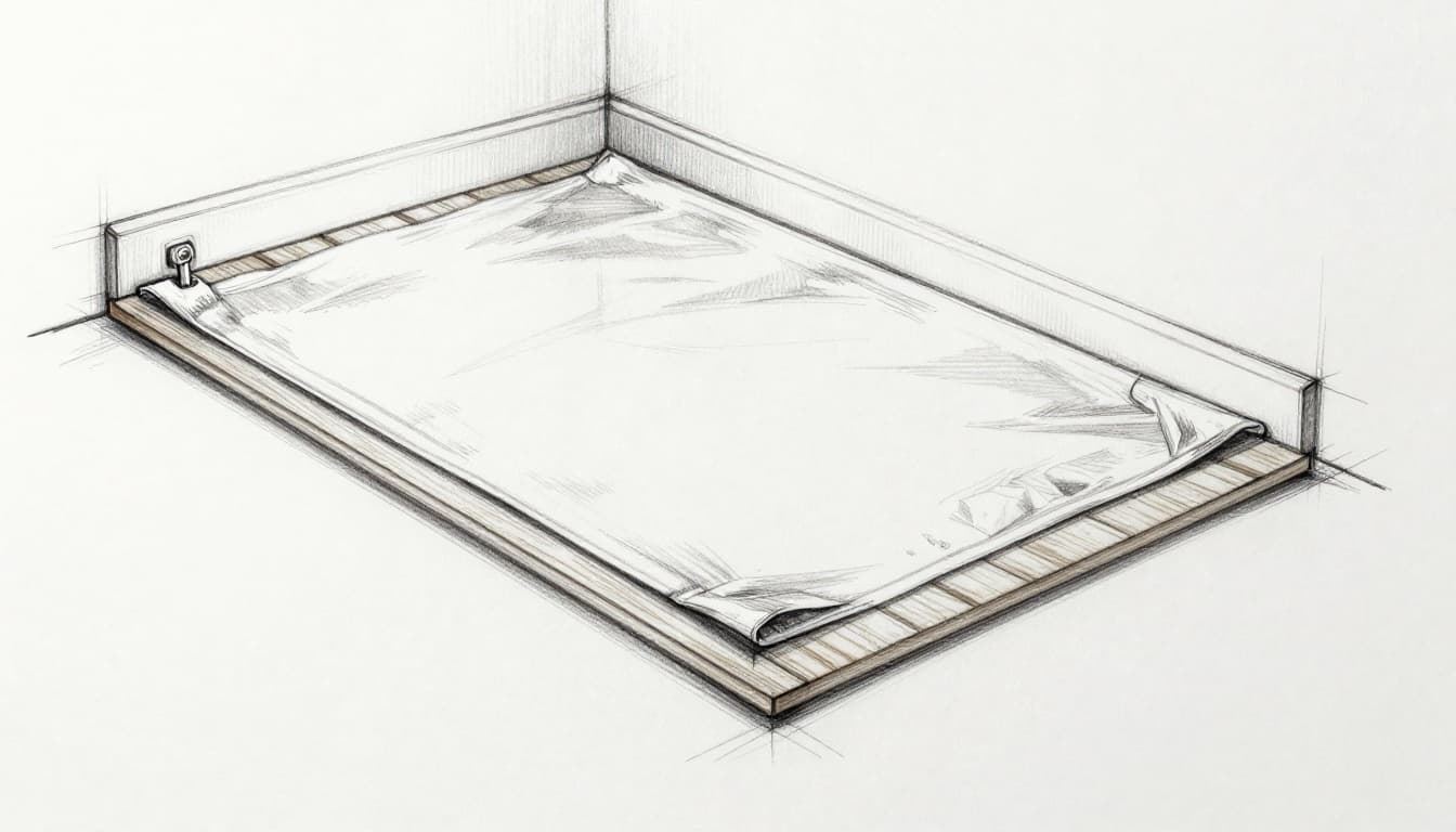 Hand-drawn graphite sketch of thin 2mm infrared heating foil installed under laminate flooring in an old apartment renovation, showing cross-section with insulation, wooden subfloor, simple electrical connections, and minimal height build-up.