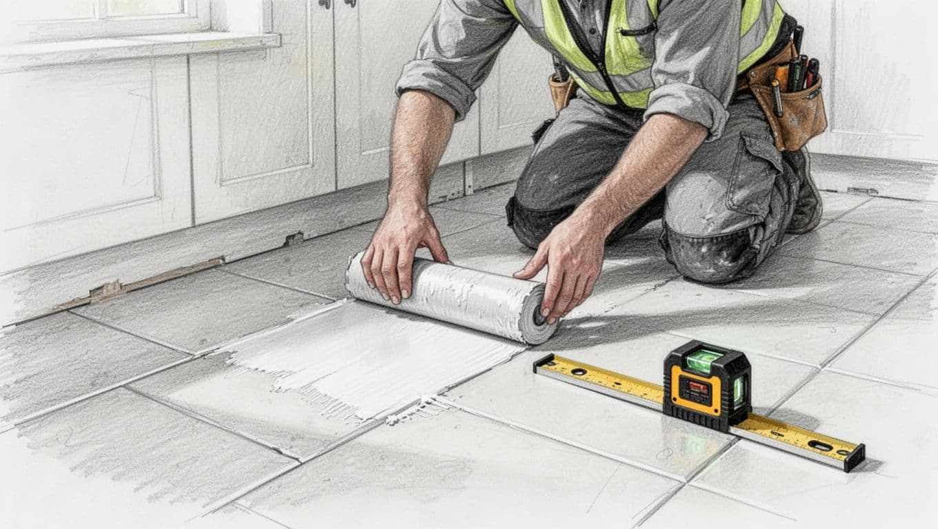 Hand-drawn graphite sketch of a person applying primer with a roller on prepared tile floor, checking level with laser level nearby, wearing safety gear in a kitchen corner.