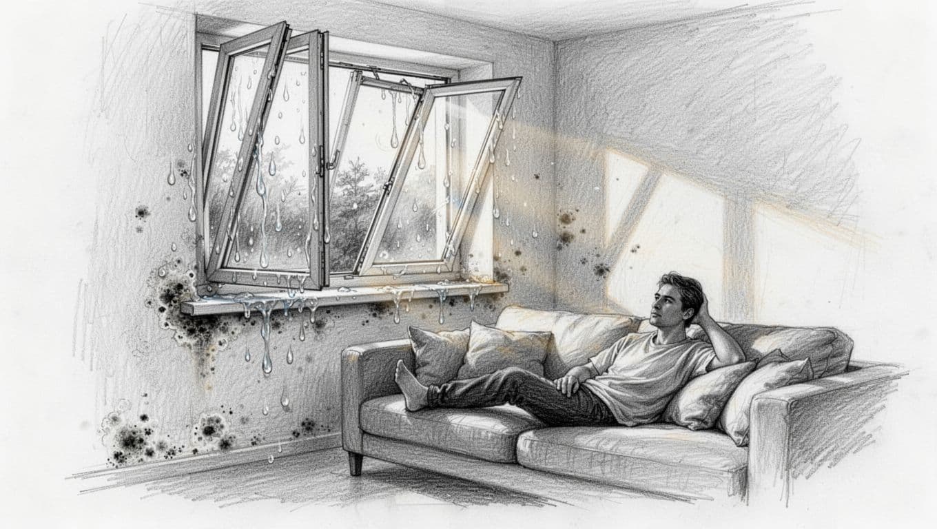 Hand-drawn graphite sketch of a cozy modern living room post-renovation with a tilted-open window trapping moist air, showing condensation droplets on cold walls and sill, subtle mold spots, and one unaware person relaxing on the sofa.