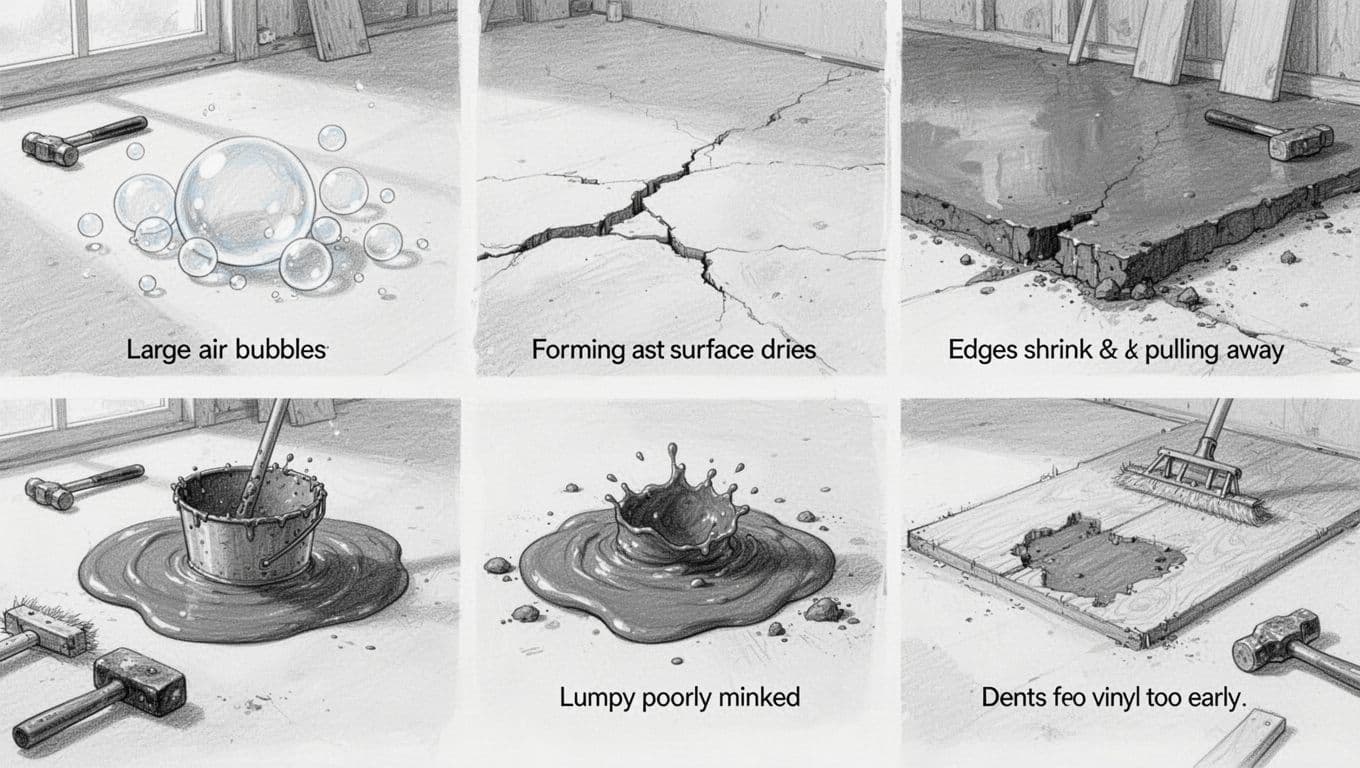 Hand-drawn graphite sketch depicting five common estrich floor leveling errors: air bubbles in compound, drying cracks, edge shrinkage, lumpy mix, and premature vinyl dents, arranged in vignettes on a workshop floor.