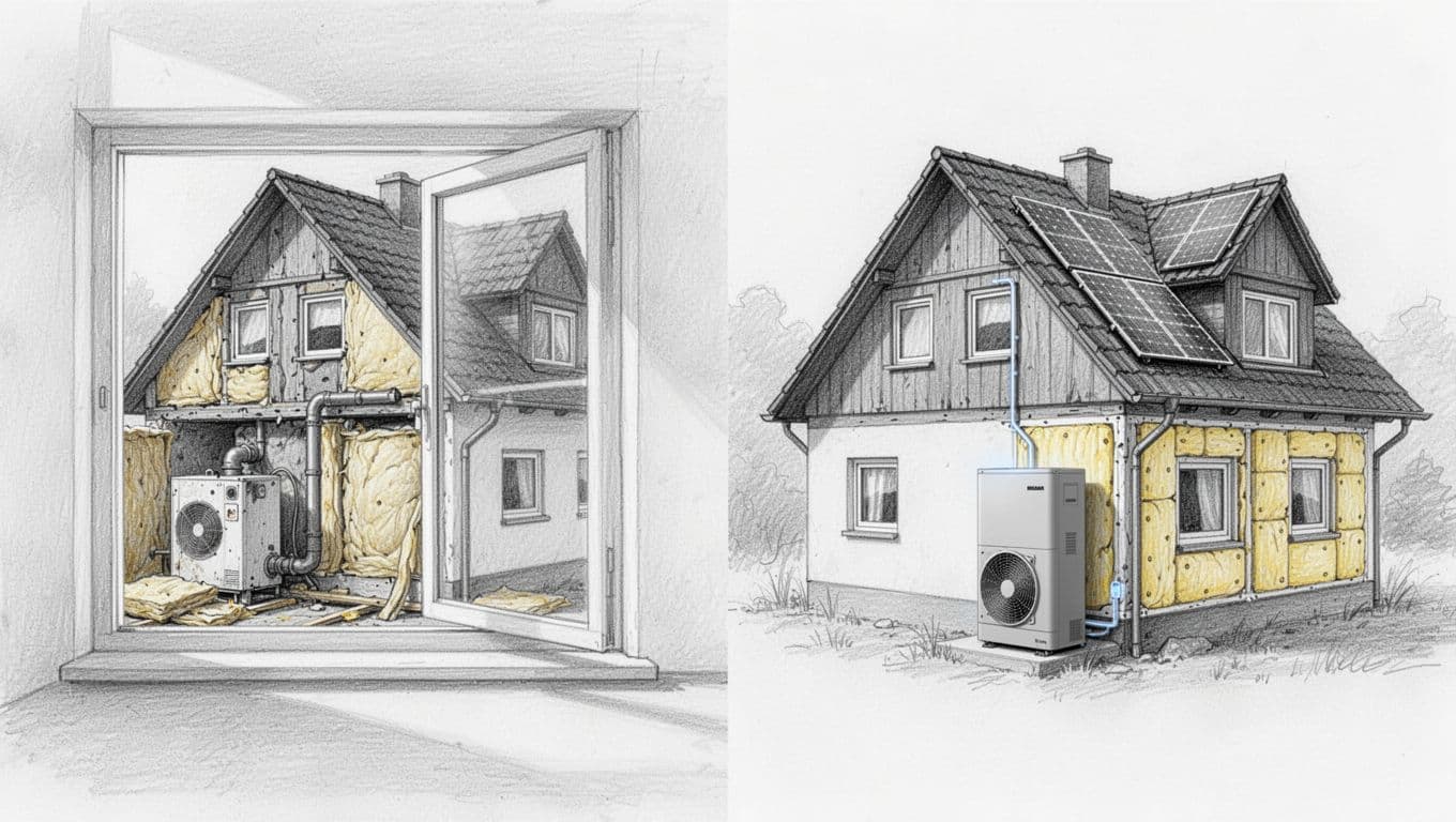Side-by-side hand-drawn sketches of a traditional German house: left shows existing building with old heating and starting insulation; right shows modernized version with heat pump, solar panels, improved insulation, and cost-saving money bag icon.