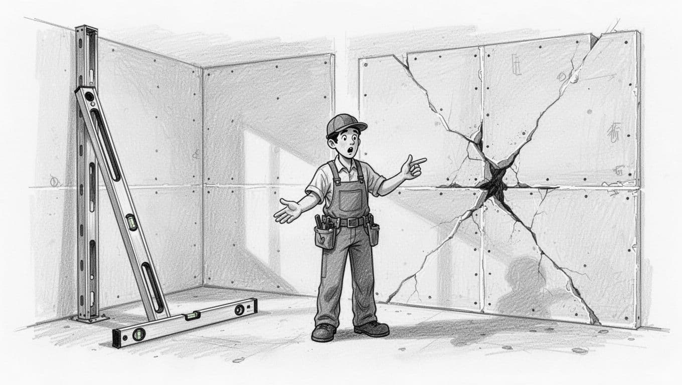 Hand-drawn graphite linework sketch with light shading on white paper illustrating common beginner errors in Trockenbauwand: crooked metal frame with spirit level showing misalignment on one side, gypsum boards with cracking cross joints without tape on the other, one surprised worker pointing out the issue in a simple divided room interior.