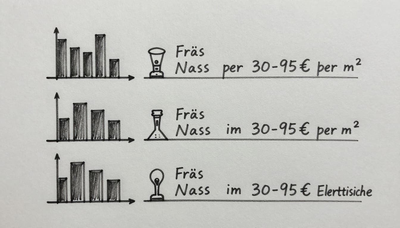 Hand-drawn graphite sketch on light gray paper depicting a simple cost comparison chart for underfloor heating systems (Fräs, Nass, Trocken, Elektrisch) in old buildings, with icons or bars showing price ranges per m², clean linework and light shading.