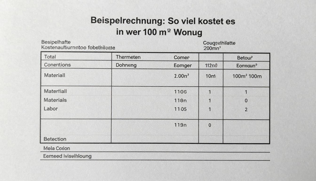 Hand-drawn graphite sketch on light gray paper depicting a sample cost breakdown invoice for retrofitting underfloor heating in a 100m² apartment, featuring total costs, material, labor, and demolition breakdowns with simple icons and light shading.