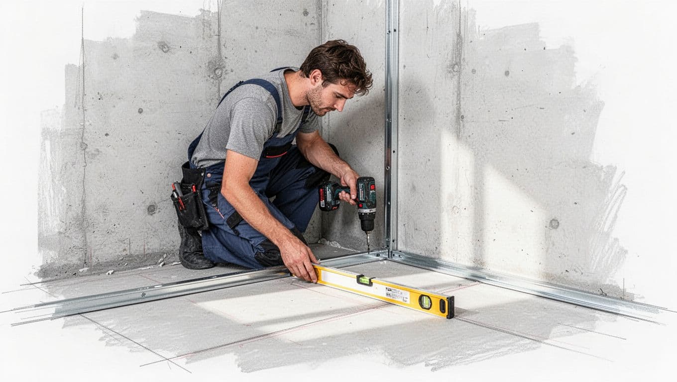 Hand-drawn graphite sketch showing one person in a room corner screwing a UW profile to concrete floor and adjacent wall using a cordless drill, while checking alignment with a spirit level.
