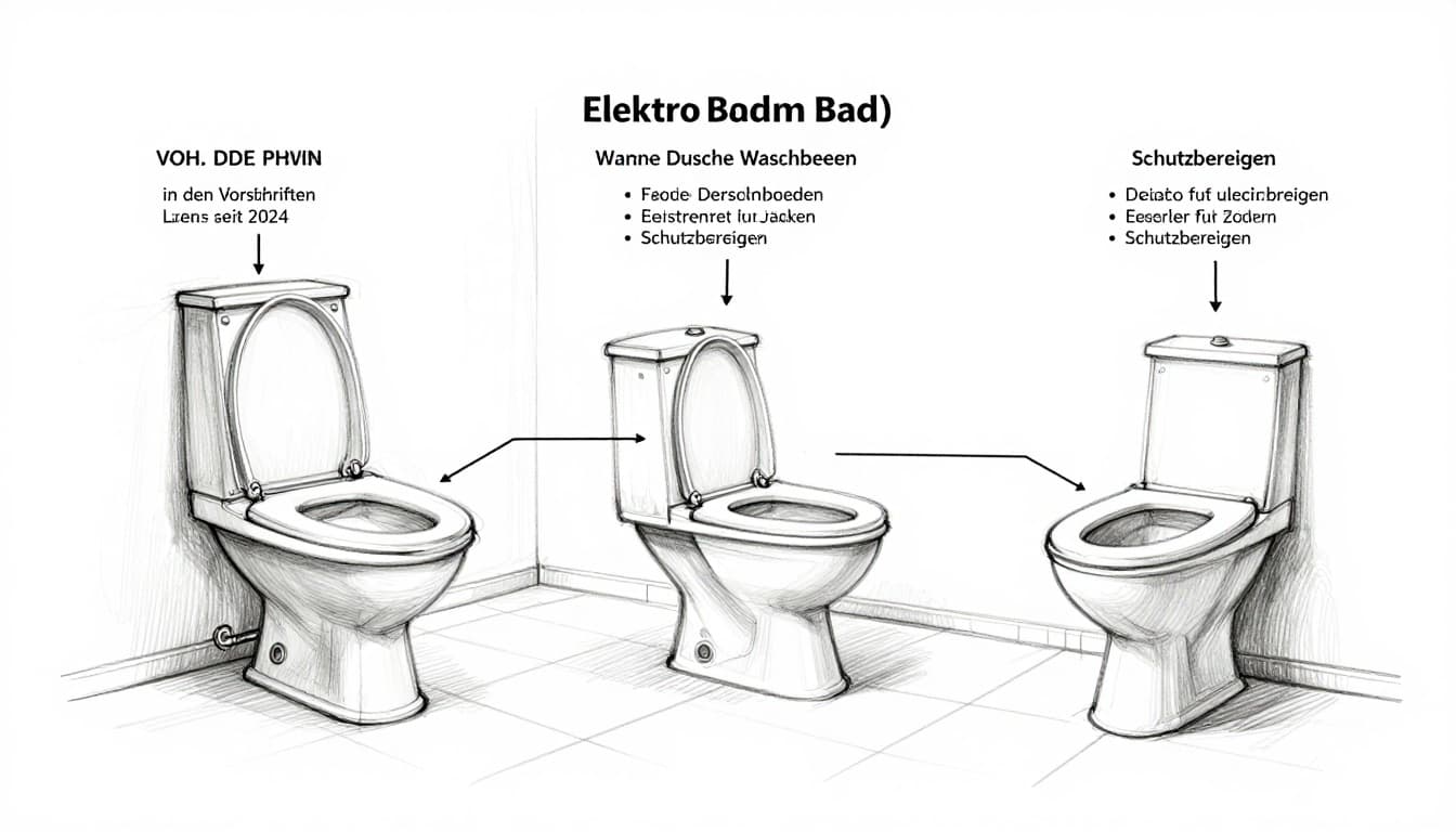 Hand-drawn graphite sketch of a bathroom showing electrical installation zones per VDE 0100-701, with protection areas marked by lines around bathtub, shower, and sink on a clean white background.