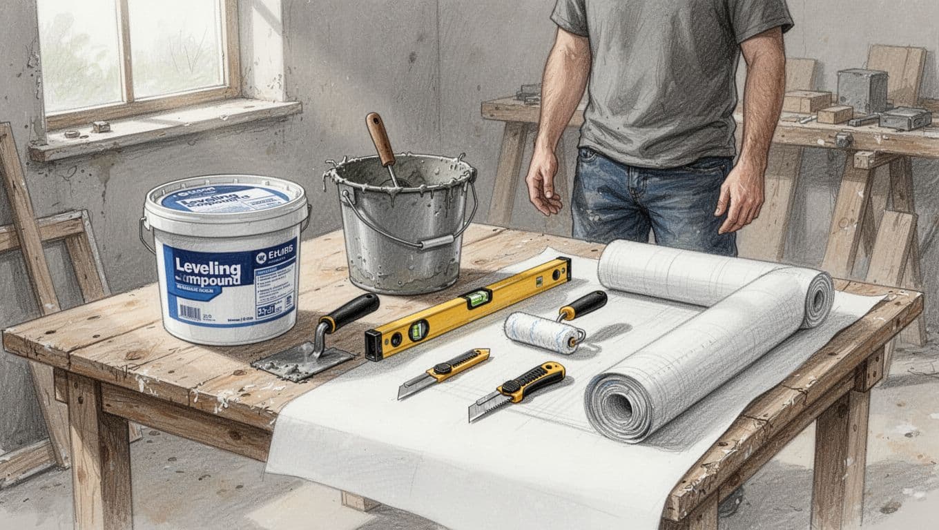 Hand-drawn graphite sketch depicting essential materials and tools for preparing a tile floor for vinyl installation, including leveling compound bucket, trowel, mixing bucket, water level, utility knife, primer roller, and underlayment roll, arranged on a workbench in a workshop with one person standing nearby.