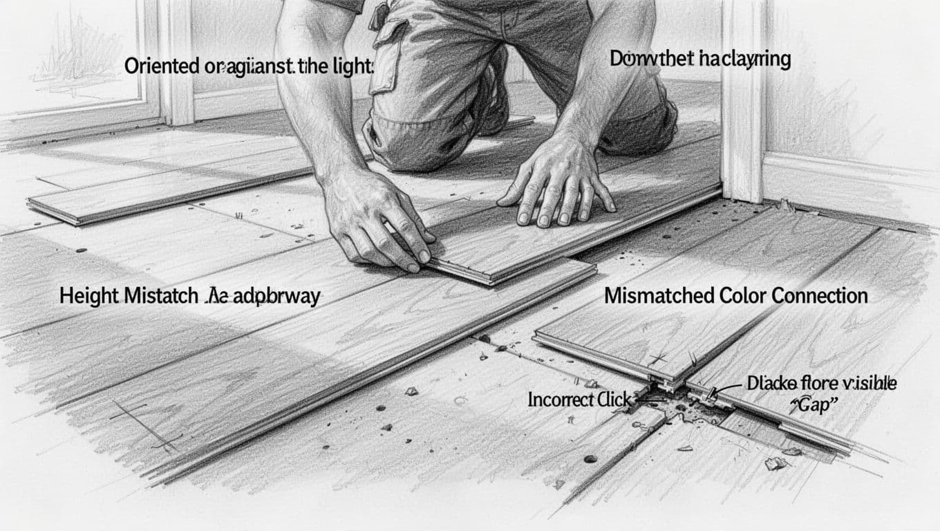 Hand-drawn graphite sketch showing four vinyl laying errors: planks in wrong direction against light, height mismatch at door threshold, mismatched color batches, and incorrect click connection with gap. Installation scene in a room with one installer, light shading on clean white paper background.