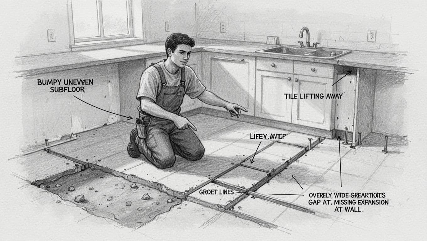 Hand-drawn graphite sketch depicting four common preparation errors for vinyl on tiles in a simple kitchen: ignored floor unevenness, loose popping tile, wide grout lines, and no wall expansion gap. One kneeling worker pointing with relaxed hands, light shading, neutral tones on white paper background.
