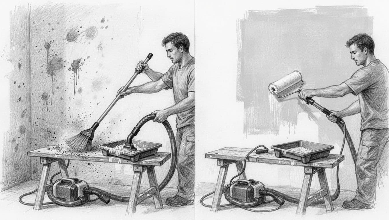 Hand-drawn graphite sketch illustrating wall preparation in before-after style: dirty wall being cleaned with brush and vacuum on the left, smooth surface primed with roller on the right, tools on workbench, clean white background.