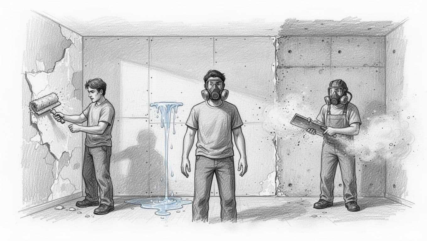 Hand-drawn graphite sketch depicting three common wallpaper removal errors: aggressive scraping scratching plaster walls, water pooling on gypsum board risking swelling, and dry sanding without mask creating dust on concrete walls, with simple room interiors and light shading.