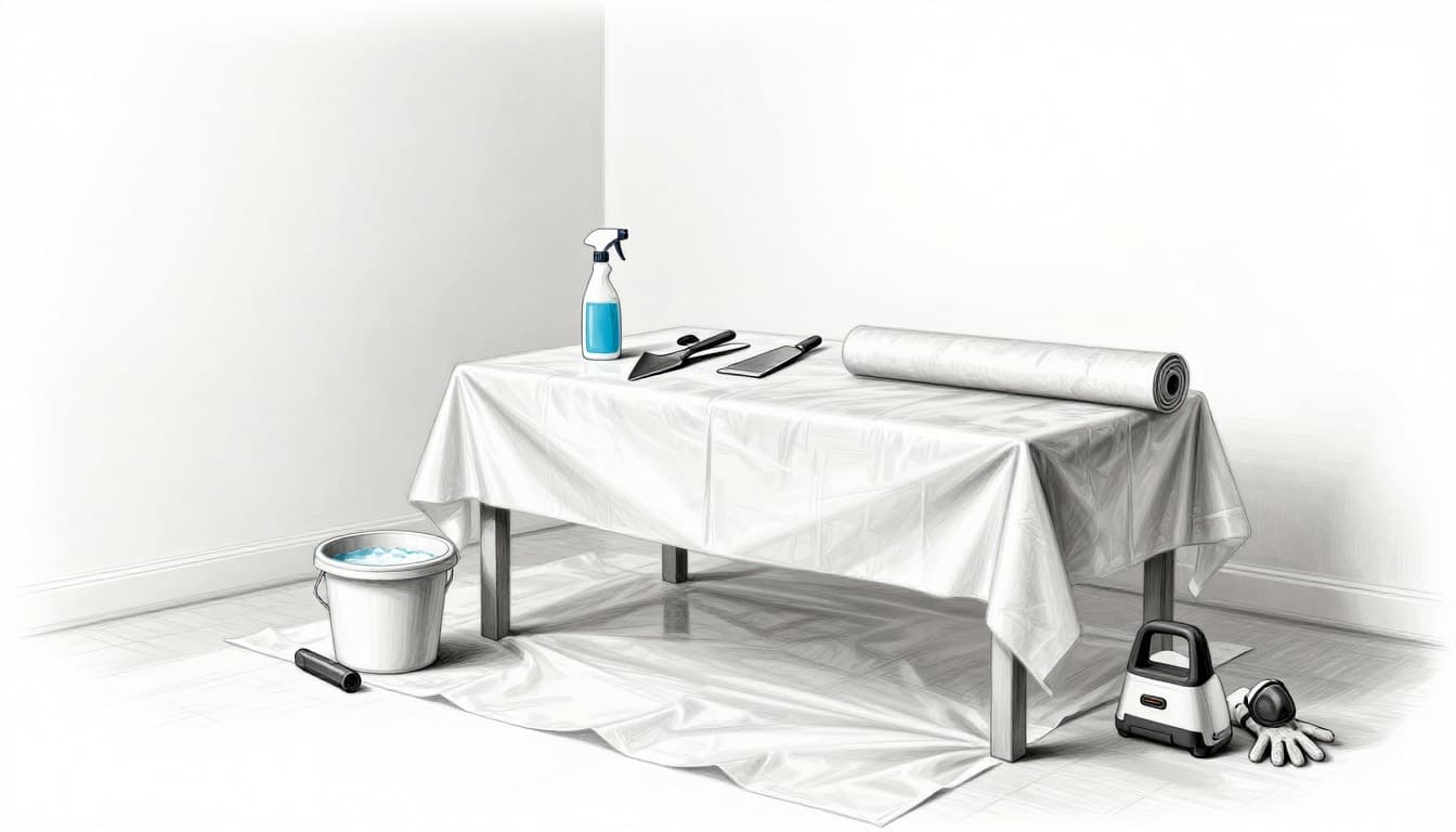 Hand-drawn graphite sketch depicting room protection for wallpaper removal: floor covered in plastic drop cloth, furniture draped in foil, tools like scraper, spray bottle, bucket, steam remover, gloves, and mask laid out, with one person rolling out drop cloth.