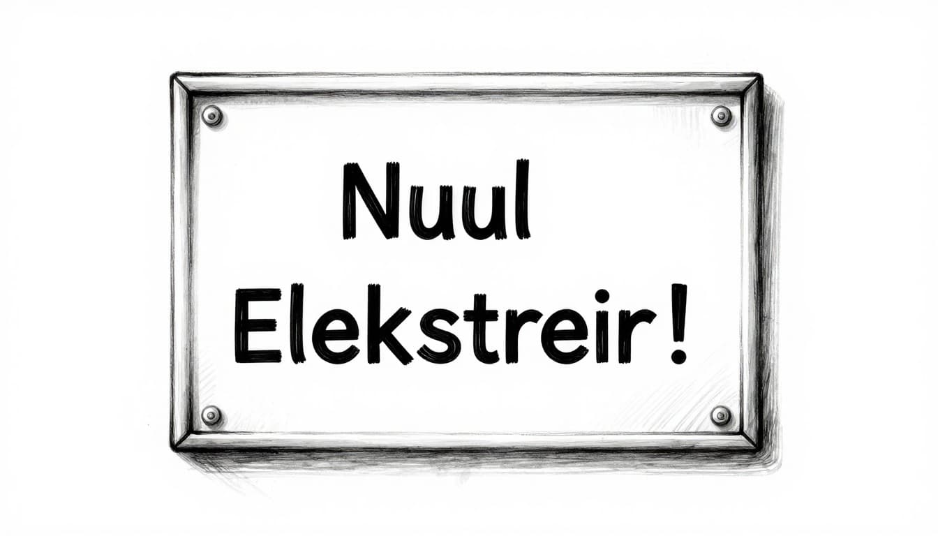 Handgezeichnete Graphitskizze mit leichter Schattierung auf rein weißem Hintergrund zeigt ein Warnschild 'Nur Elektriker!' vor einem offenen Rollladenkasten mit sichtbaren Kabeln im Wohnzimmer. Fokus auf Schild und Kasten, keine Personen oder zusätzlichen Texte.