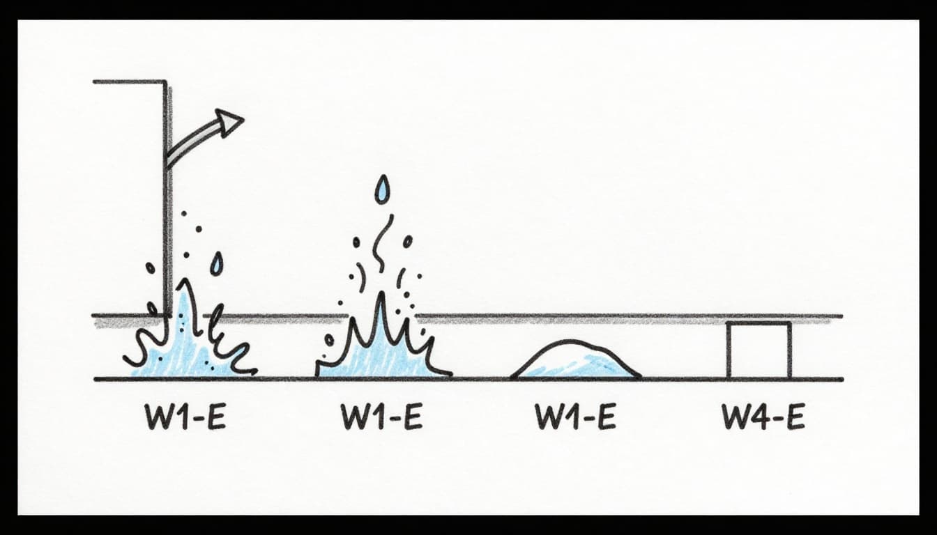 Hand-drawn graphite linework sketch on white background diagramming water load classes W1-E to W4-E for basement walls, with icons showing splash water, pressing water, and increasing uplift pressure from left to right.