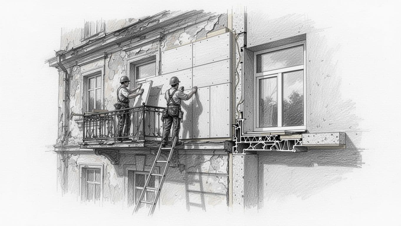 Hand-drawn graphite linework sketch of WDVS system on old building facade with balcony, cross-section showing thermal break at balcony slab and window, before-after comparison, two workers applying panels, light shading on clean white background.