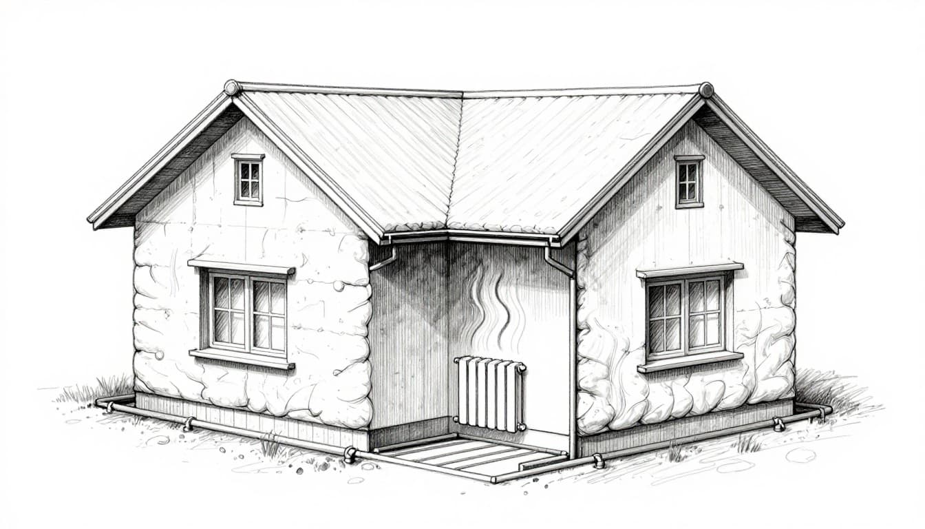Hand-drawn graphite sketch of a cross-section single-family house with thick insulation on walls and roof, contrasting floor heating pipes in the ground floor with a radiator on an internal wall, gentle heat waves, clean white background.