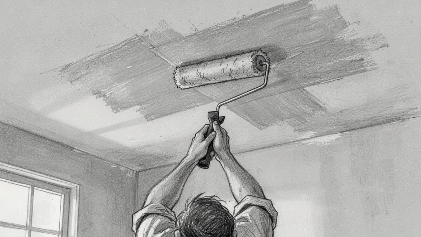 Hand-drawn graphite sketch showing a person applying the second coat with a roller over a still slightly wet first coat on a freshly painted ceiling in a room setting.