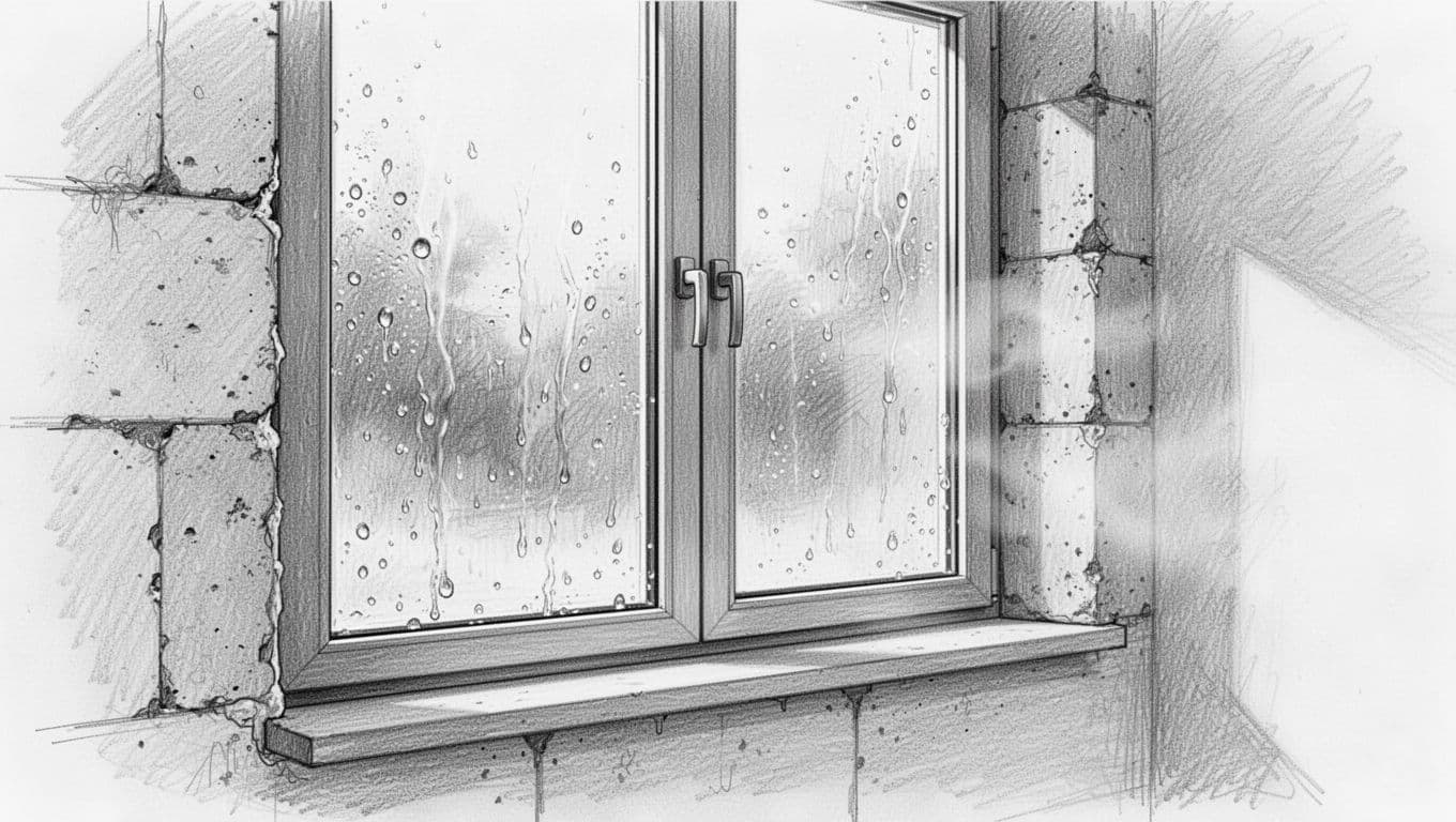 Hand-drawn graphite sketch of a modern airtight double-glazed window in an insulated living room wall, showing condensation droplets on the cold inner pane and adjacent wall where warm moist air meets cold surfaces.