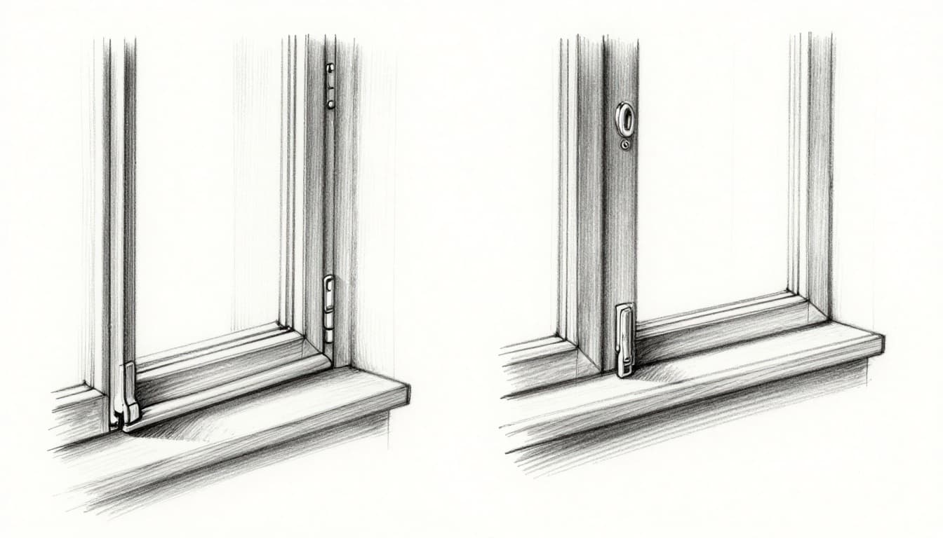 Hand-drawn graphite sketch of a close-up old wooden window frame comparing left side with too-thick sealing strip preventing closure and air gap, right side with too-thin strip allowing drafts; light shading on clean white background.