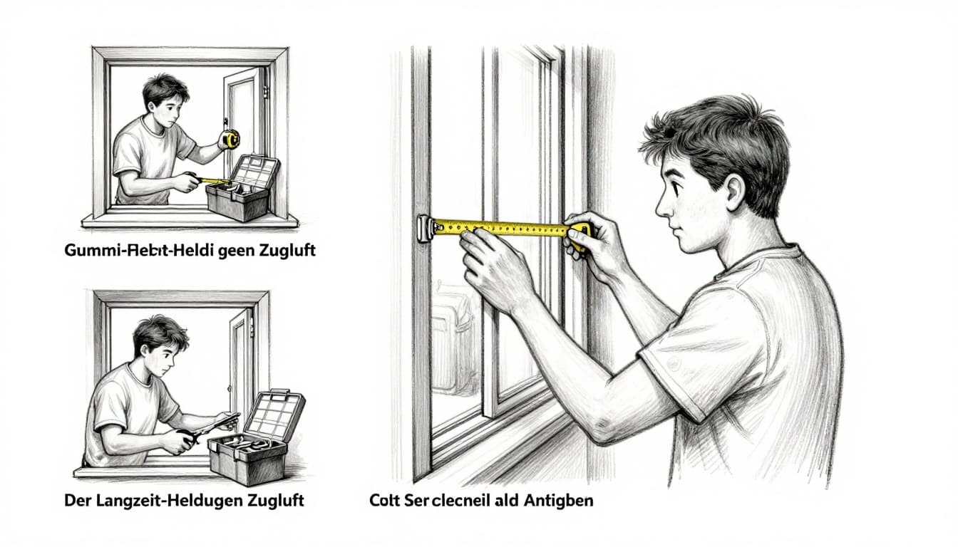 Hand-drawn graphite sketch depicting a homeowner measuring the window frame gap with a tape measure, cutting a self-adhesive rubber sealing strip with scissors, and applying it to the frame edge; shown as a sequence of three side-by-side steps with an open toolbox nearby.