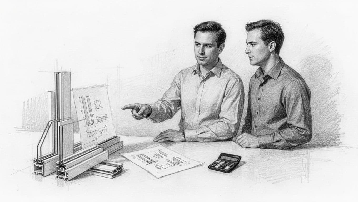 Hand-drawn graphite sketch depicting a government funding document beside window sealing materials and a calculator displaying subsidy percentages, with an energy consultant pointing, featuring exactly two people in relaxed poses on a clean white background with light shading.
