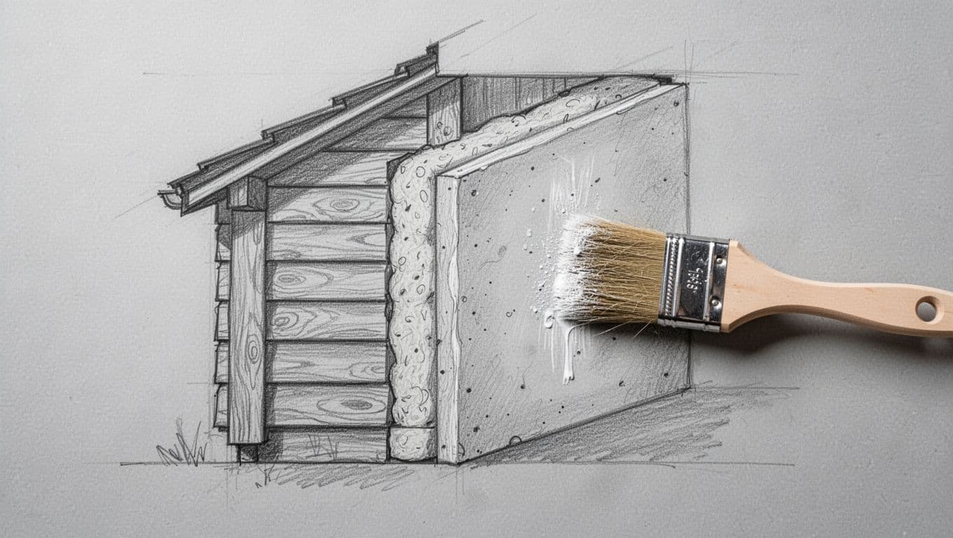 Hand-drawn graphite linework sketch on light gray background showing cross-section of house wall with wooden cladding outer layer, insulation in middle, inner wall, and simple tools like brush for impregnation nearby.