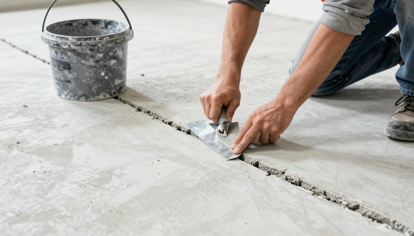 Hand-drawn graphite sketch of a worker using a trowel to apply leveling compound, filling cracks and holes in a concrete garage floor, with a bucket nearby on a clean white background.