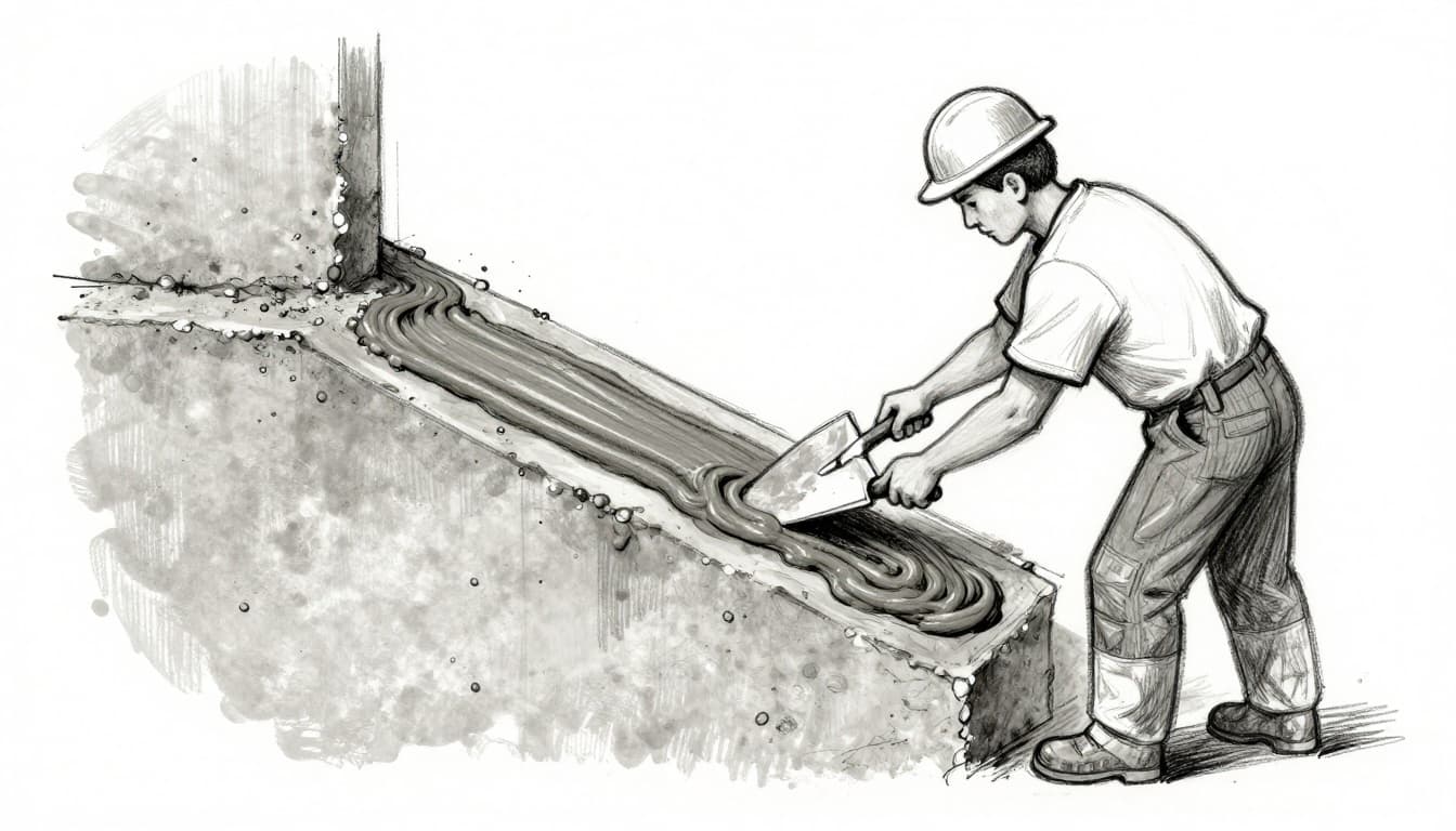 Hand-drawn graphite sketch depicting a worker using a trowel to apply mineral sealing slurry in layers on a cross-section of a 115mm thick dry concrete basement wall.