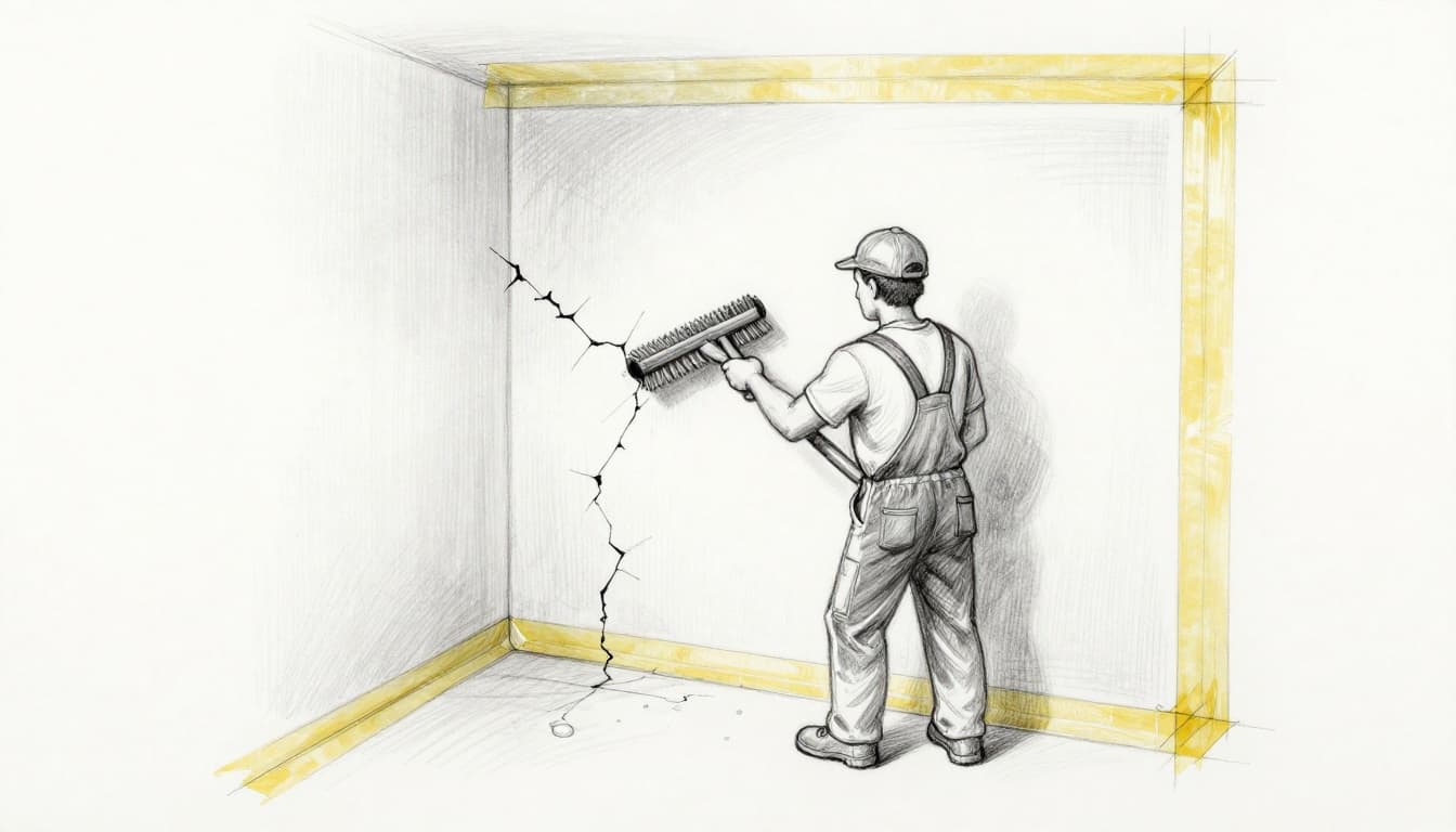 Hand-drawn graphite sketch depicting a worker from behind cleaning a damp basement wall with wire brush and vacuum, repairing cracks with sealant gun, and applying sealing tape to corners.