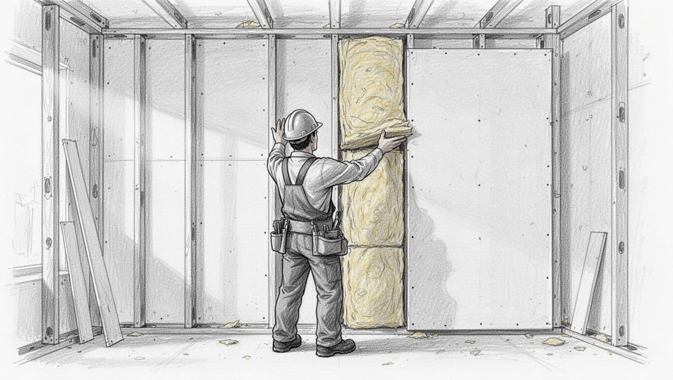 Hand-drawn graphite linework sketch with light shading showing one person pushing mineral wool insulation into spaces between vertical studs of a Trockenbau drywall frame after first gypsum board attached, preparing for second board, simple front view.