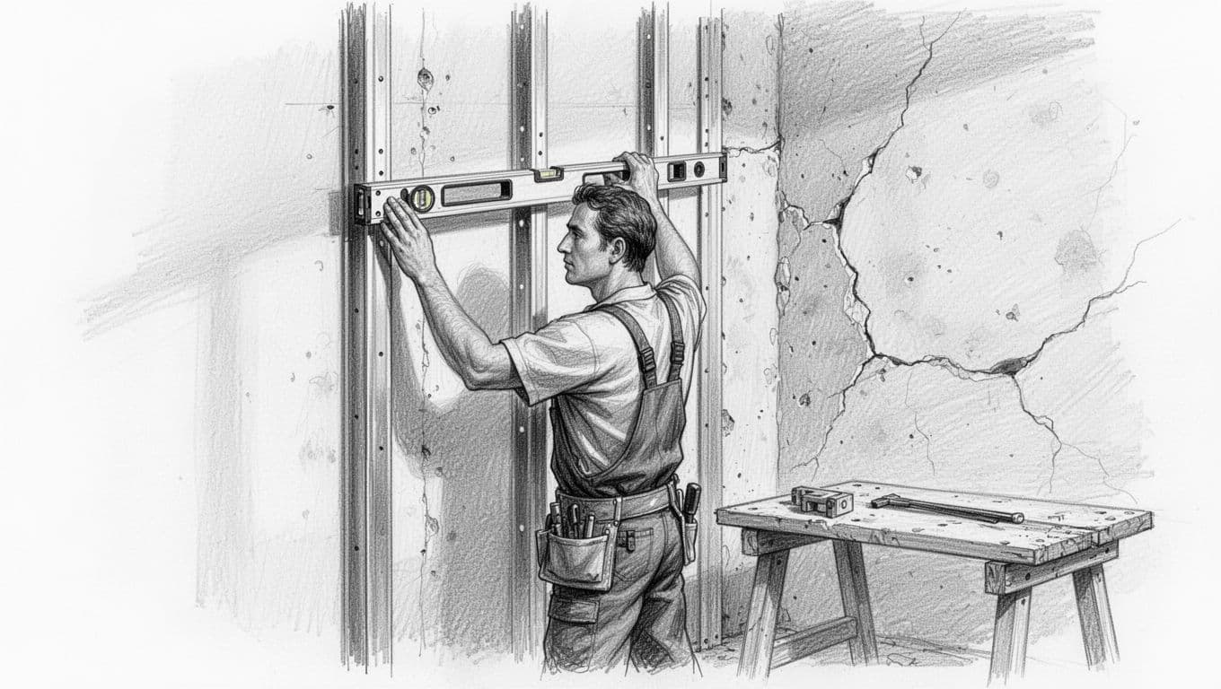 Hand-drawn graphite sketch depicting an interior wall reinforced with metal profiles and straight edges to prevent cracks, contrasted with a cracked uneven wall; one worker uses a spirit level near a workbench on a clean white background.