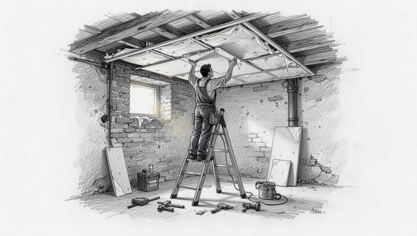 Graphite line sketch of one worker applying insulation panels and glue to old basement ceiling from below, with ladder and tools.