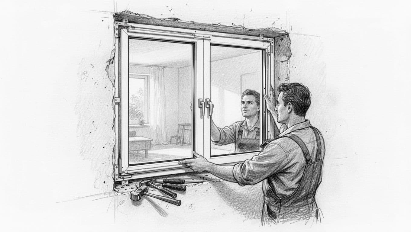 Hand-drawn graphite sketch on white paper depicting a single worker installing a modern double-glazed energy-efficient window frame into a wall opening of a German house, tools nearby, relaxed hands, partial interior view, bright lighting.