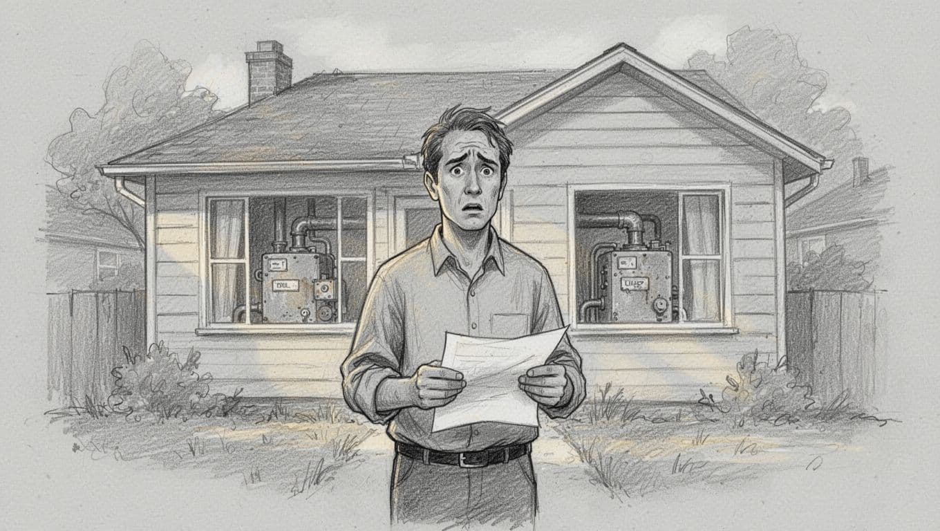 Hand-drawn graphite sketch of a worried German homeowner holding a fine notice in front of his house, with an old non-compliant oil heating boiler visible through the window and a 2026 calendar in the background.