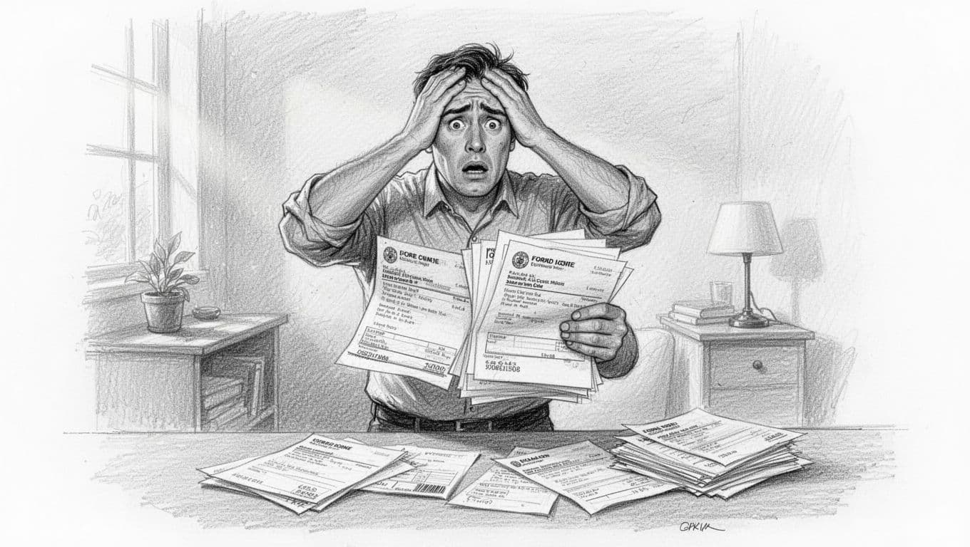 Hand-drawn graphite sketch of a shocked homeowner in a home office holding thick stack of fine notices for illegal gas or electrical work, with bills on desk and hand on forehead.