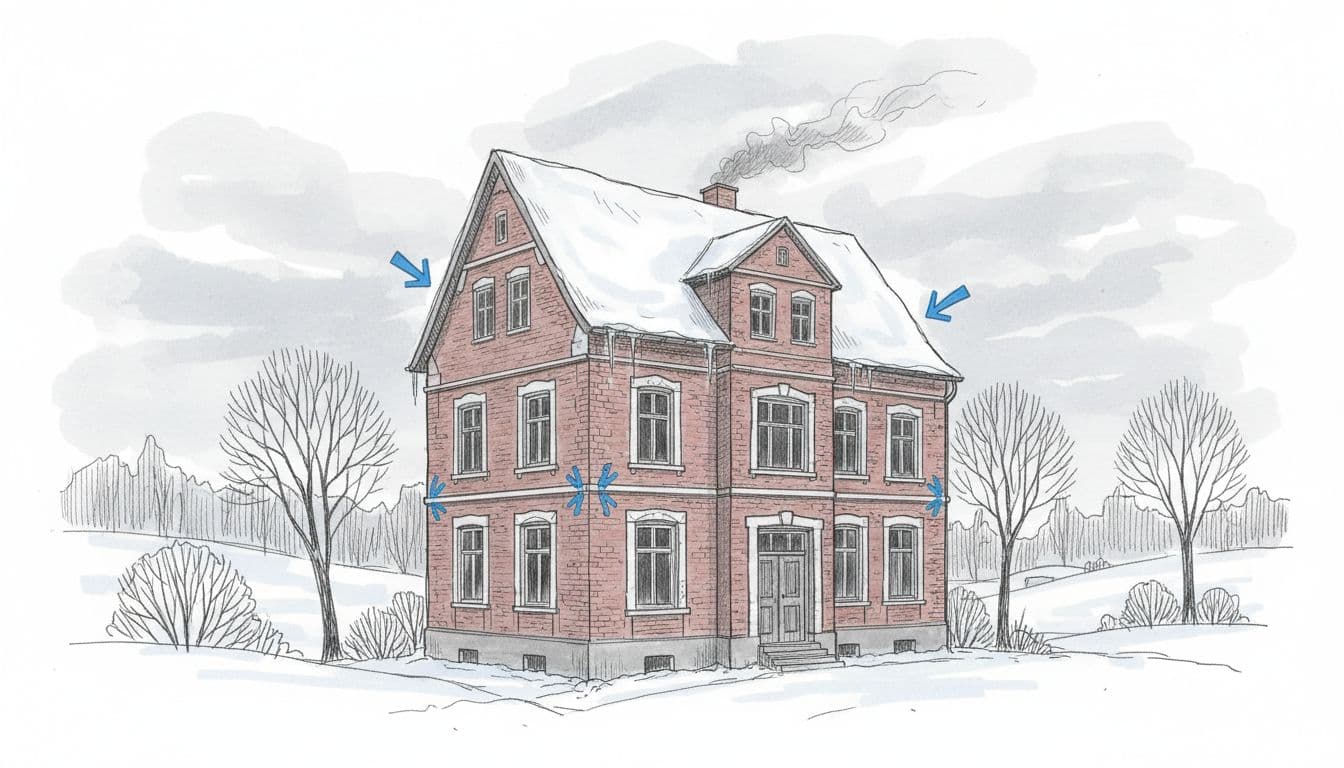 Handgezeichnete Skizze eines ungedämmten deutschen Altbaus vor winterlicher Landschaft, blaue Pfeile markieren Wärmebrücken an Ziegelfassade und Dach.