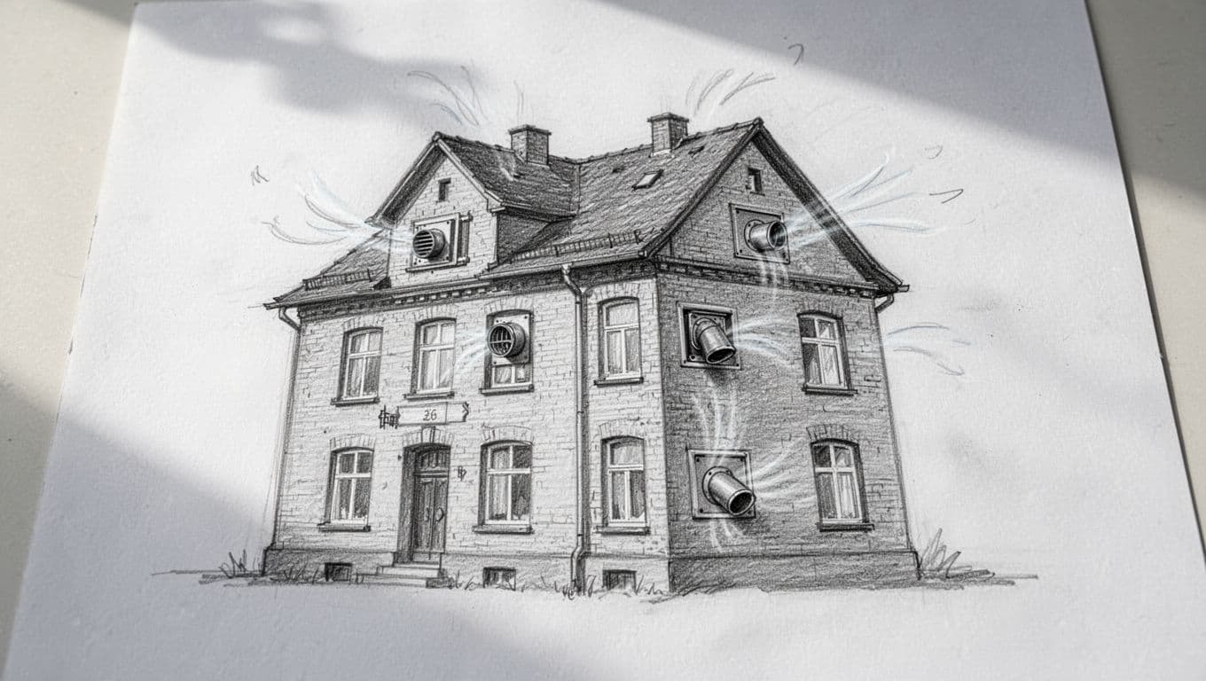 Graphite linework sketch of 1920s German brick Altbau house with mechanical vents on facade and roof, subtle airflow lines.