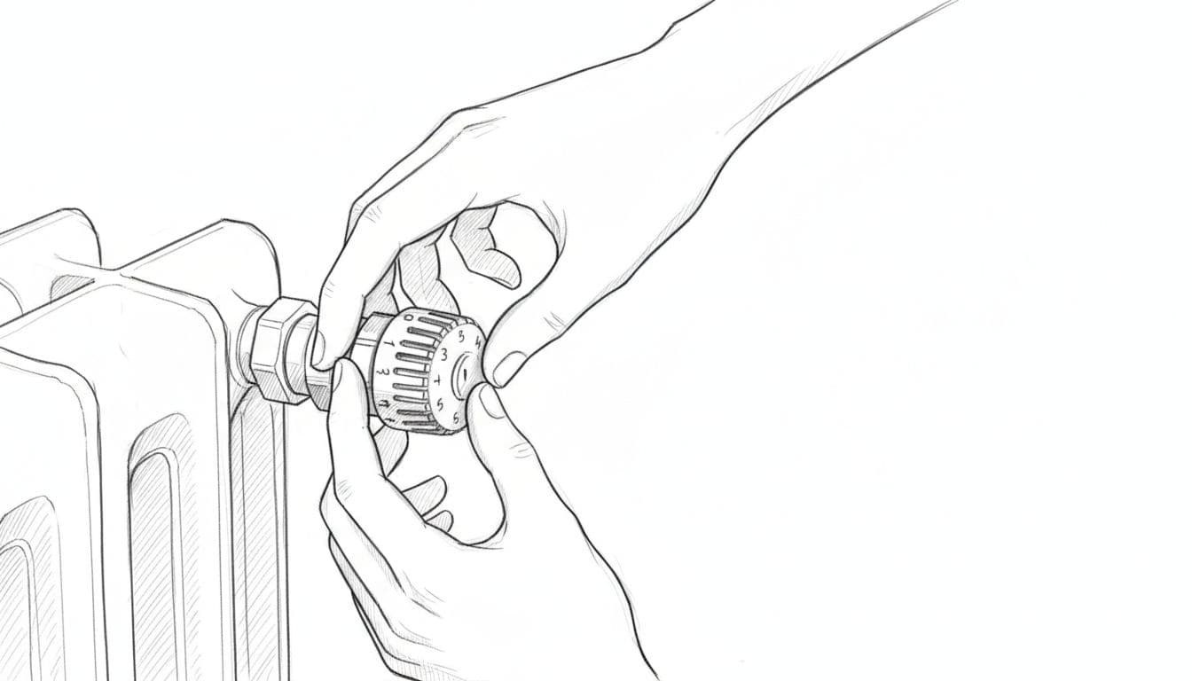 A graphite sketch shows two hands carefully adjusting a metal radiator thermostat valve.