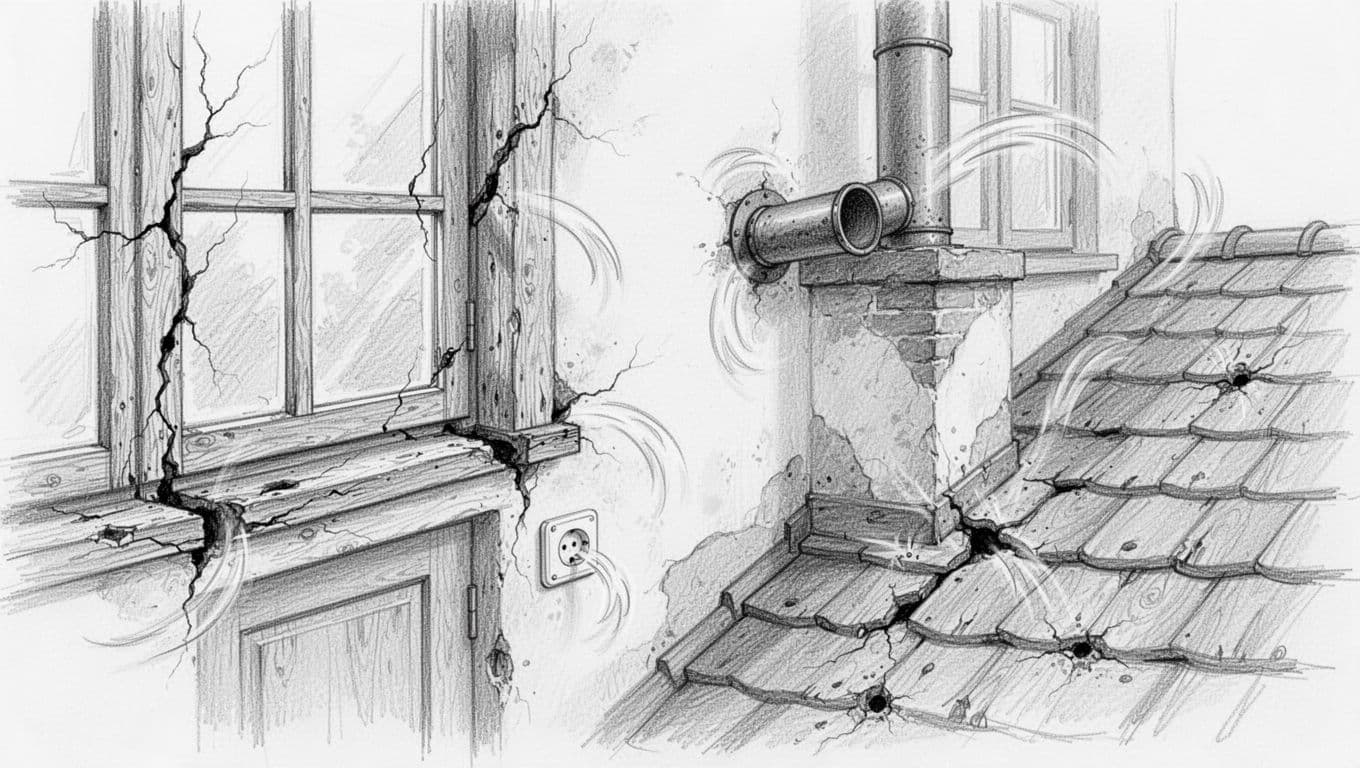 Graphite linework sketch depicts cracks around wooden windows, door sill gaps, loose sockets, chimney penetration, roof joints, with draft arrows.
