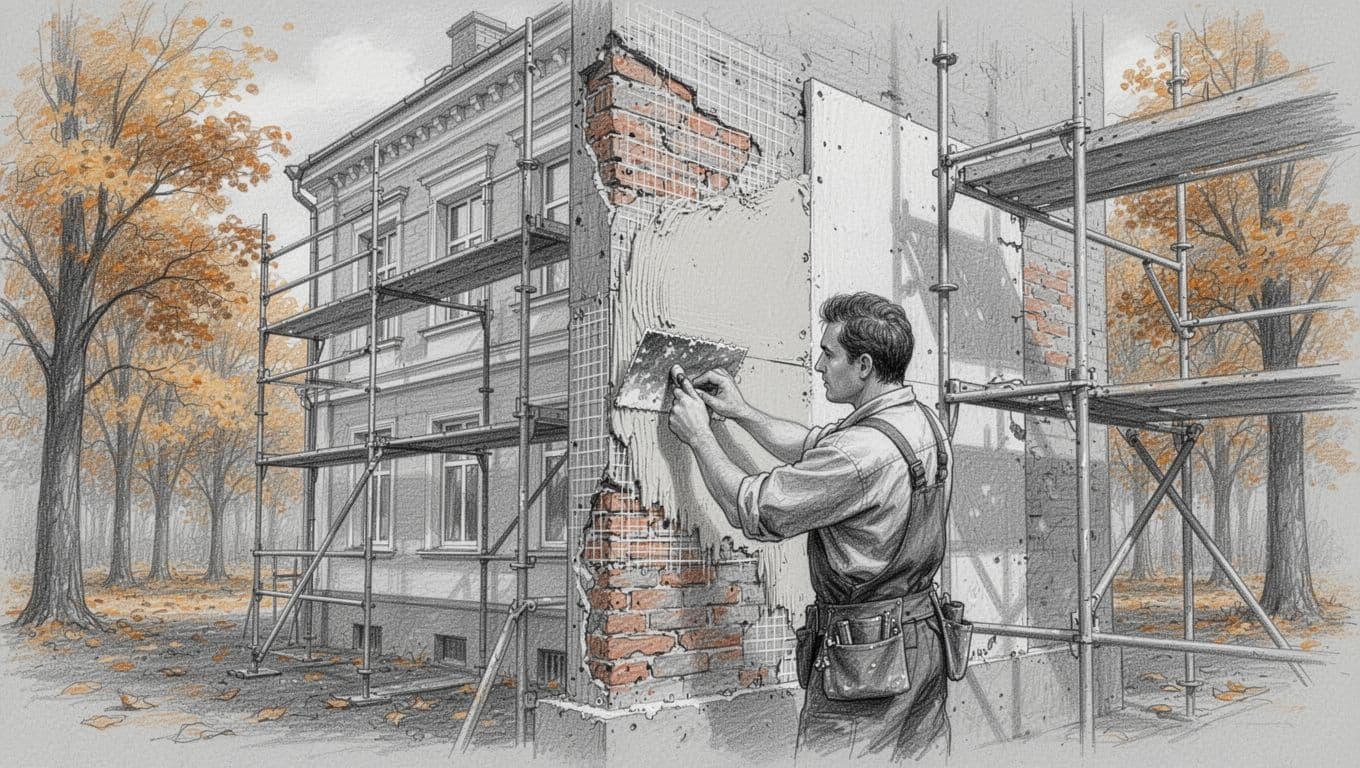 Graphite linework hand-drawn sketch on gray paper depicts scaffolding on two-story Altbau, worker troweling plaster over ETICS mesh, old brick exposed, autumn trees nearby.