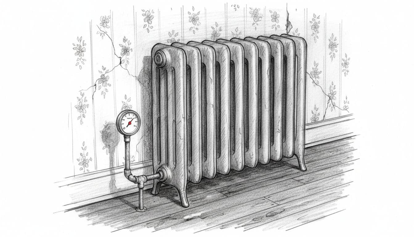 Skizze eines alten Gussheizkörpers mit Vorlaufrohr und Thermometer in Altbau-Wohnzimmer mit Holzdielen und Tapete.