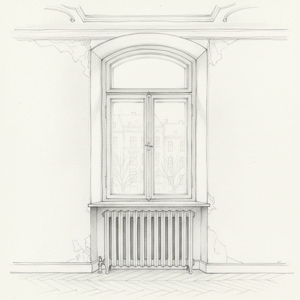Hand-drawn graphite sketch of old radiator beneath window in Altbau room, light shading on white paper.