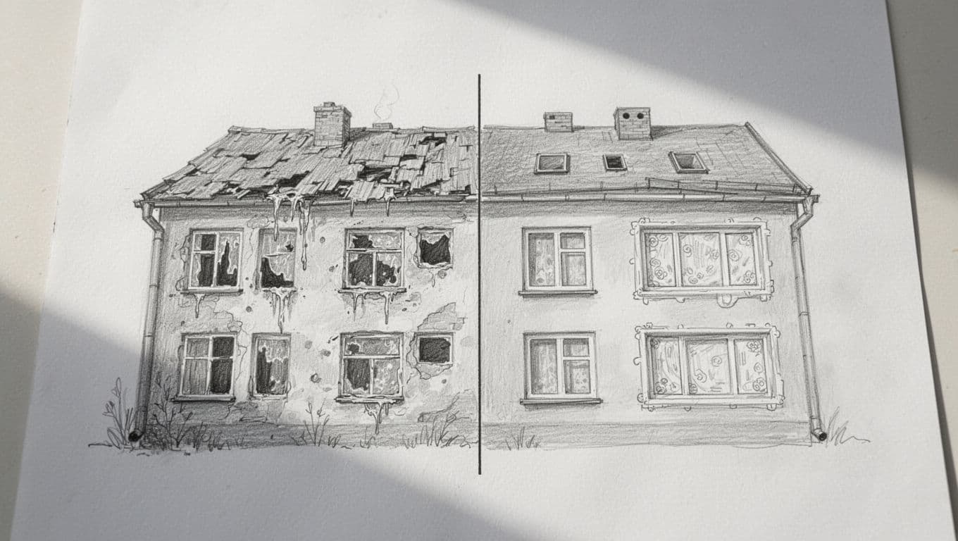 Graphite linework sketch on white paper splits old house with leaky windows and roof left from new insulated windows, sealed roof, and vents right.