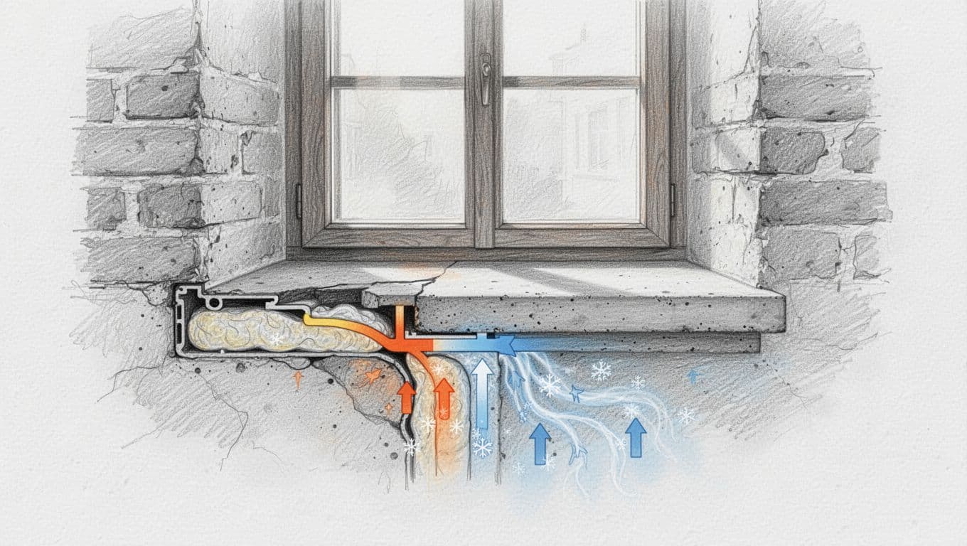 Cross-section pencil sketch of old building window sill showing thermal bridge, missing insulation, and cold air leakage with temperature arrows.