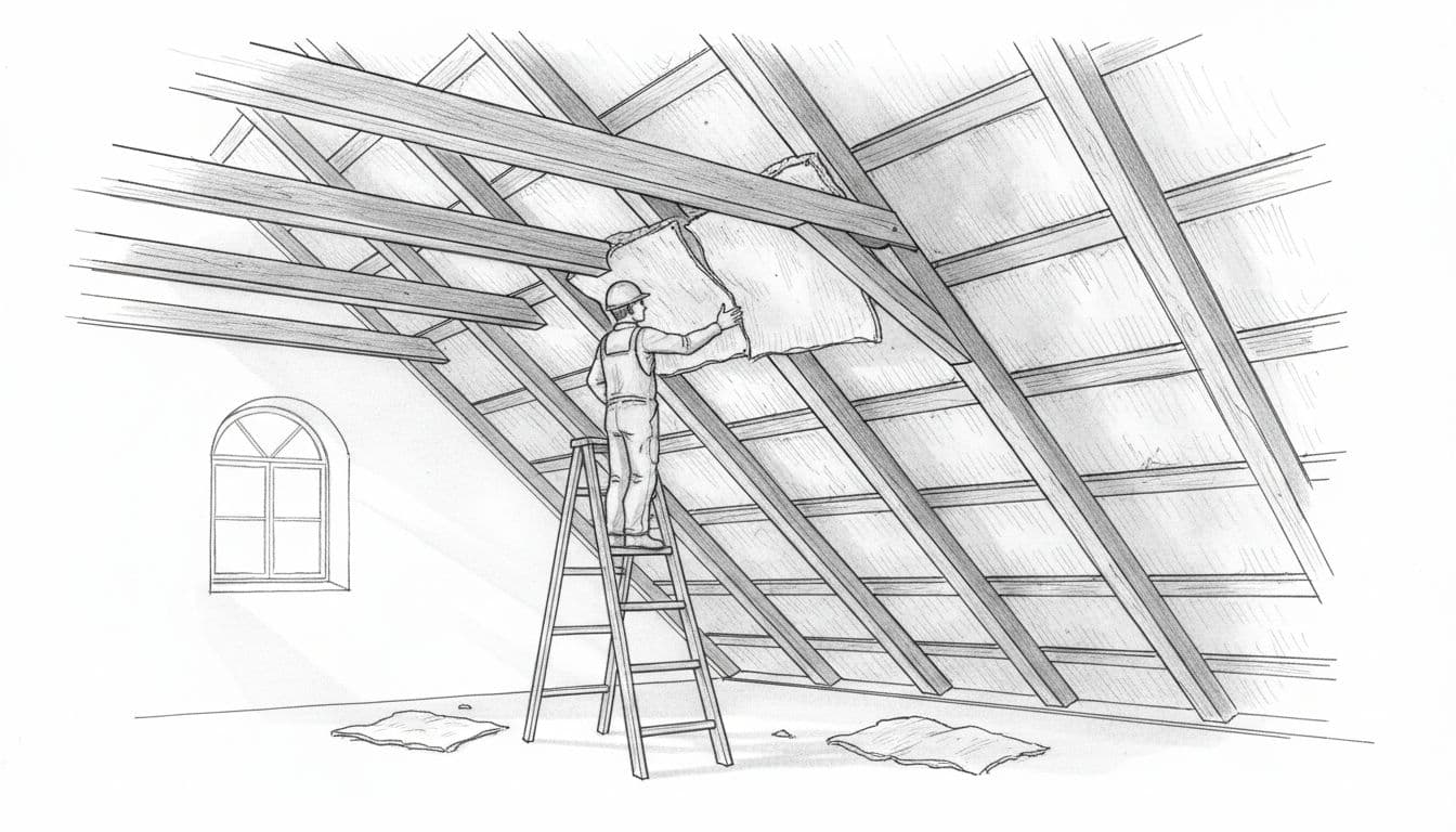 Graphite sketch of one worker placing insulation rolls between wooden rafters in old attic, with ladder and small window.