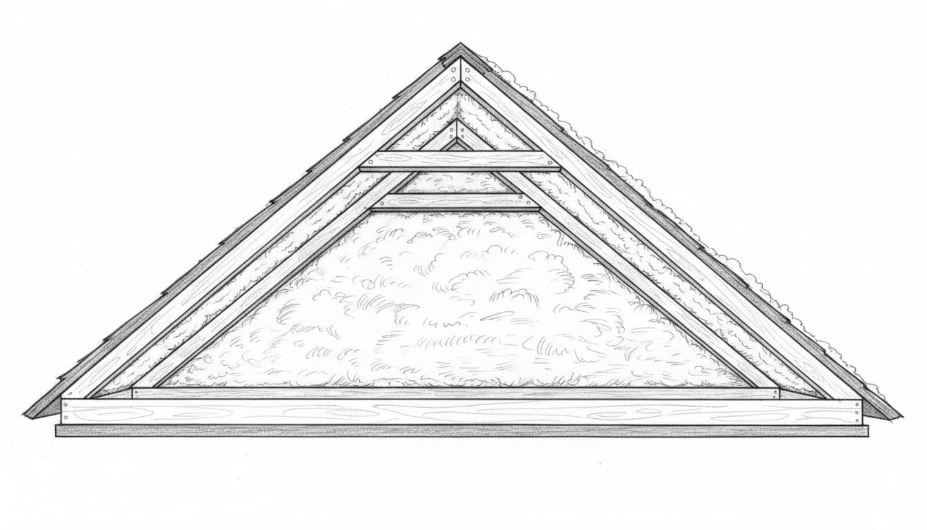 Hand-drawn graphite sketch of attic roof space with blown-in insulation evenly filling between rafters.