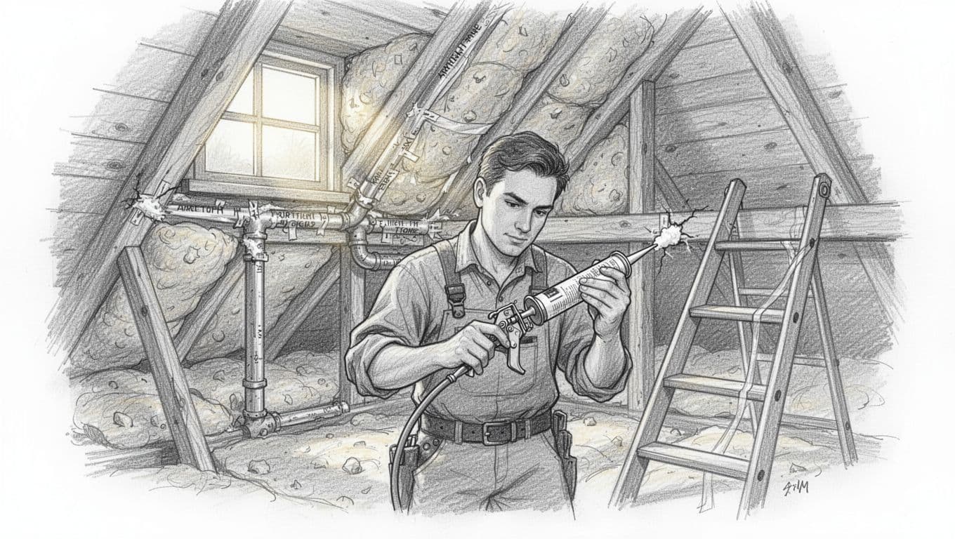 Sketch shows worker taping insulation joints and caulking cracks in attic with ladder nearby.